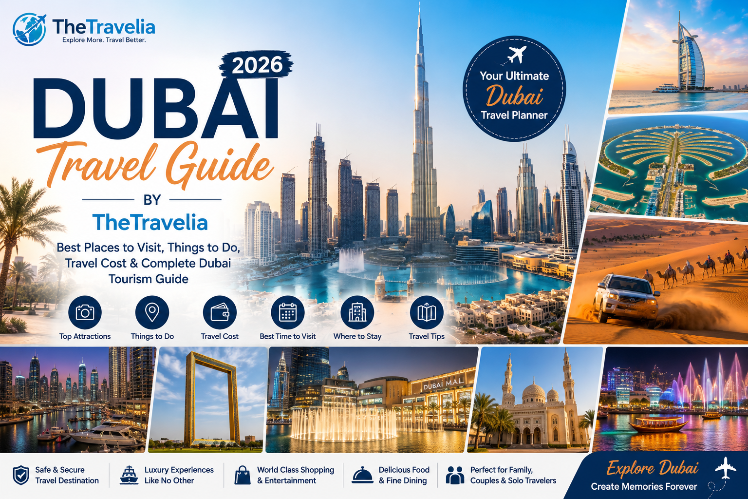 Dubai Travel Guide 2026 by TheTravelia: Best Places to Visit, Things to Do, Travel Cost & Complete Dubai Tourism Guide